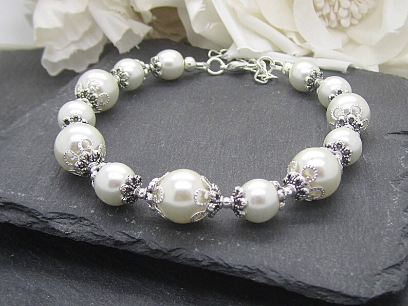 Ivory Pearl Wedding Bracelet, Bridesmaid Bracelet, Bridal Jewellery, Pearl Wedding Sets, Bridesmaid Gifts, Pearl Bridal Party Jewellery image 1