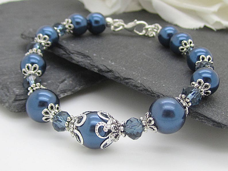 Navy Bridesmaid Bracelet, Midnight Blue Wedding Jewellery, Gift For Bridesmaid, Dark Blue Bridal Bracelet, Pearl Wedding Jewellery, image 1