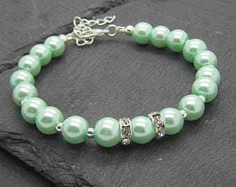 Mint Green Pearl Jewellery, Bridesmaid Bracelets, Pastel Green Jewellery, Green Weddings, Bridesmaid Jewellery, Wedding Bracelet