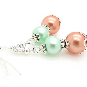 Coral Mint Pearl Drop Earrings, Peach Green Bridesmaid Jewellery, Mint Wedding, Bridesmaid Gifts, Pearl Dangles image 2