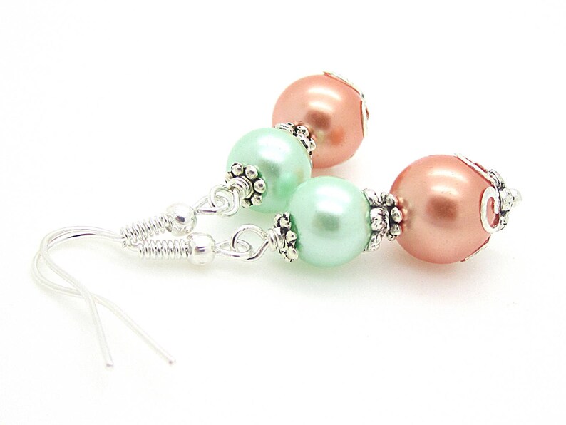 Coral Mint Pearl Drop Earrings, Peach Green Bridesmaid Jewellery, Mint Wedding, Bridesmaid Gifts, Pearl Dangles image 2