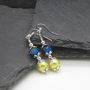 Yellow and Navy Wedding Earrings Navy and Yellow Bridesmaid Jewellery Pearl Drop Earrings Bridesmaid Sets Bridal Party Gifts Canary and Blue image 1