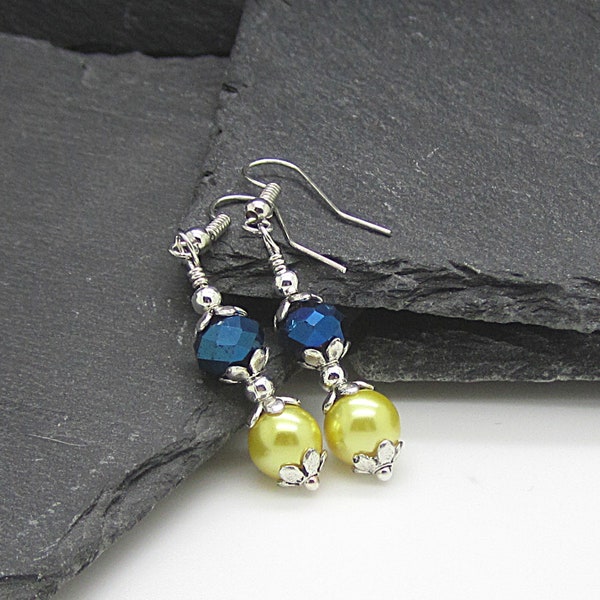 Yellow and Navy Wedding Earrings Navy and Yellow Bridesmaid Jewellery Pearl Drop Earrings Bridesmaid Sets Bridal Party Gifts Canary and Blue