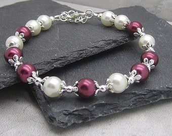 Bordeaux and Ivory Bridesmaid Bracelet, Burgundy Wedding Pearl Bracelet, Bridal Party Jewellery, Bridesmaid Gift Ideas, Matching Bridal Sets