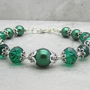 Emerald Green Pearl and Crystal Bridesmaid Bracelet, Forest Bridal Jewellery, Dark Green Wedding Bracelet, Rustic Inspired Bridal Sets image 1
