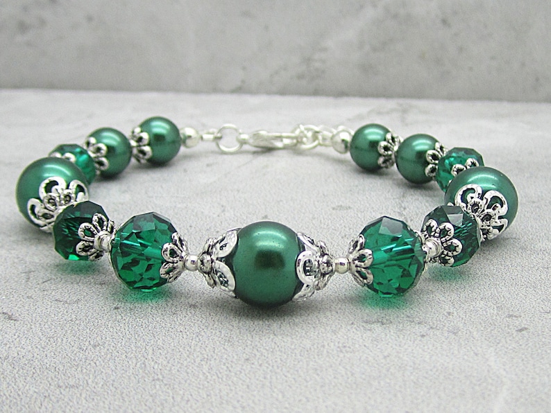 Emerald Green Pearl and Crystal Bridesmaid Bracelet, Forest Bridal Jewellery, Dark Green Wedding Bracelet, Rustic Inspired Bridal Sets image 1