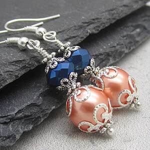 Peach and Navy Bridesmaid Earrings, Navy and Coral Bridesmaid Jewellery, Peach Wedding Jewellery, Crystal Bridal Sets, Beaded Pearl Drops image 1