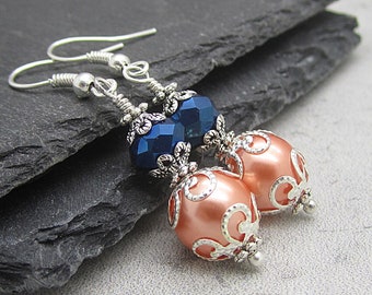 Peach and Navy Bridesmaid Earrings, Navy and Coral Bridesmaid Jewellery, Peach Wedding Jewellery, Crystal Bridal Sets, Beaded Pearl Drops