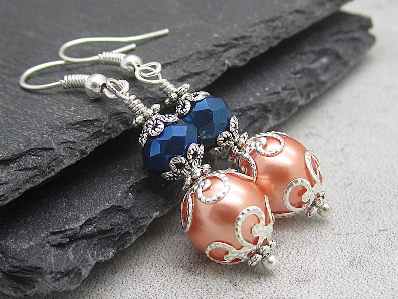 Peach and Navy Bridesmaid Earrings, Navy and Coral Bridesmaid Jewellery, Peach Wedding Jewellery, Crystal Bridal Sets, Beaded Pearl Drops image 1