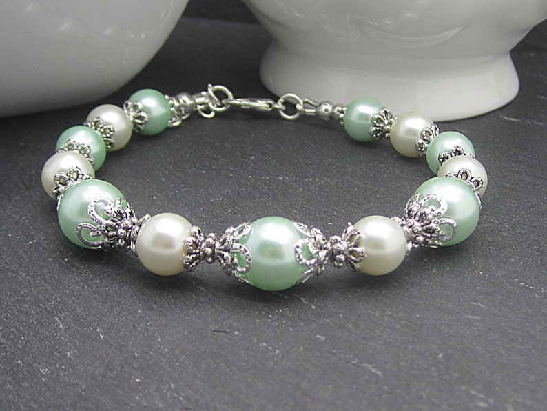 Mint and Ivory Bridesmaid Bracelet, Pearl Wedding Jewellery, Pale Green Bracelet, Mint Wedding, Bridesmaid Gift, Jewellery Sets image 7