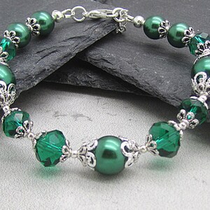 Bracelet de demoiselle dhonneur en perle et cristal vert émeraude, bijoux de mariée en forêt, bracelet de mariage vert foncé, ensembles de mariée dinspiration rustique image 6