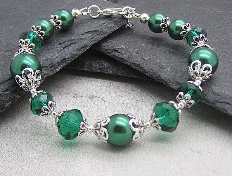 Bracelet de demoiselle dhonneur en perle et cristal vert émeraude, bijoux de mariée en forêt, bracelet de mariage vert foncé, ensembles de mariée dinspiration rustique image 6