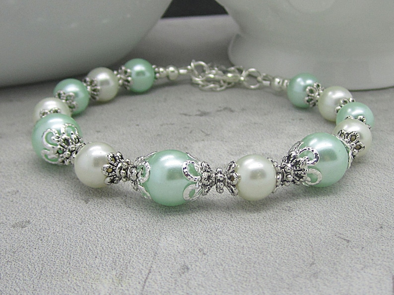 Mint and Ivory Bridesmaid Bracelet, Pearl Wedding Jewellery, Pale Green Bracelet, Mint Wedding, Bridesmaid Gift, Jewellery Sets image 8