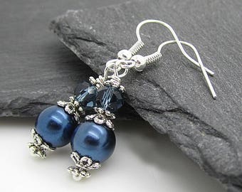 Navy Bridesmaid Earrings, Midnight Blue Bridal Jewellery, Pearl Wedding Earrings, Bridesmaid Gift Sets, Dark Blue Wedding Accessories