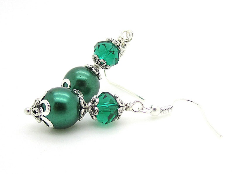Emerald Green Pearl and Crystal Bridesmaid Earrings, Forest Wedding Jewellery, Dark Green Pearl Drops, Matching Bridal Sets, Crystal Dangles image 3