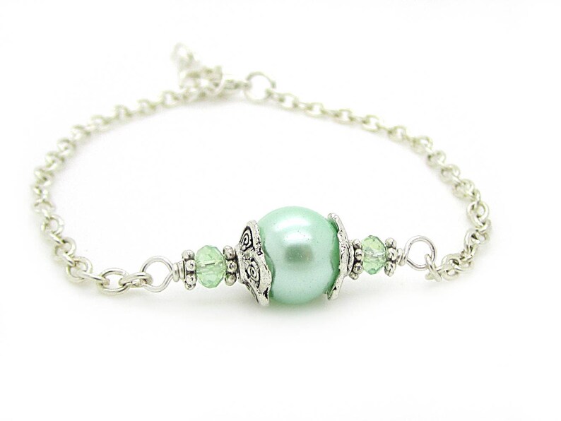 Mint Bridesmaid Bracelet, Mint Pearl Jewellery, Light Green Bridal Sets, Pastel Jewellery, Simple Pearl Jewellery, Bridal Party Gifts image 2