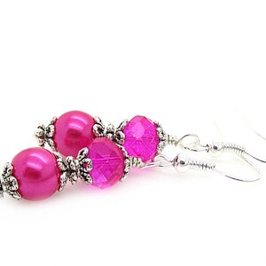 Bright Pink Bridesmaid Earrings, Hot Pink Bridal Jewellery, Pearl Drop Earrings, Fushia Bridesmaids, Pink Bridesmaid Sets, Bridal Party Gift 画像 8