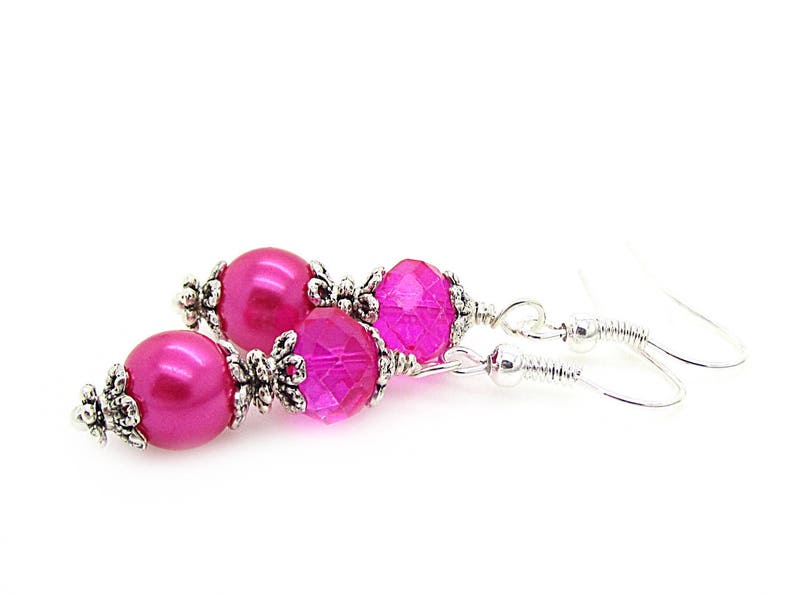 Bright Pink Bridesmaid Earrings, Hot Pink Bridal Jewellery, Pearl Drop Earrings, Fushia Bridesmaids, Pink Bridesmaid Sets, Bridal Party Gift 画像 8