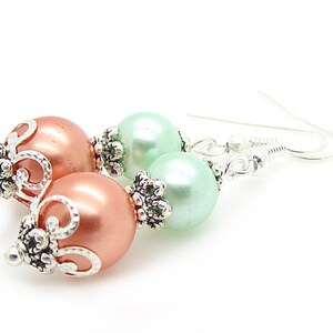 Coral Mint Pearl Drop Earrings, Peach Green Bridesmaid Jewellery, Mint Wedding, Bridesmaid Gifts, Pearl Dangles image 4