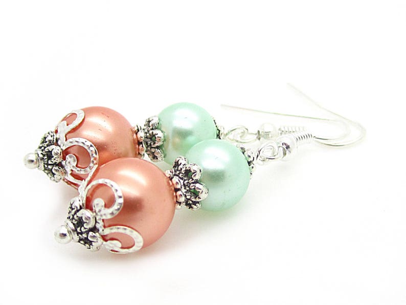 Coral Mint Pearl Drop Earrings, Peach Green Bridesmaid Jewellery, Mint Wedding, Bridesmaid Gifts, Pearl Dangles image 4