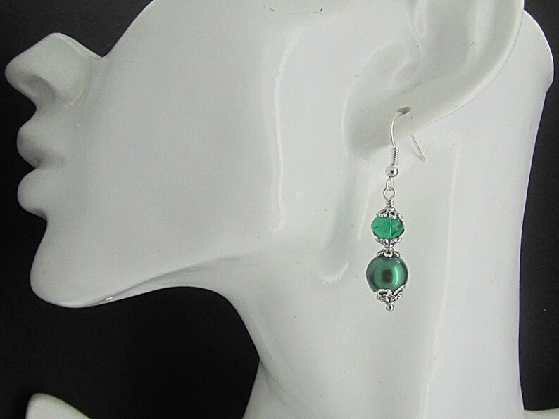 Emerald Green Pearl and Crystal Bridesmaid Earrings, Forest Wedding Jewellery, Dark Green Pearl Drops, Matching Bridal Sets, Crystal Dangles image 5