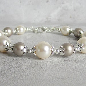 Taupe and Ivory Bridesmaid Bracelet, Taupe Wedding Pearl Jewellery, Beige Bridal Bracelets, Matching Pearl Sets, Platinum and Cream Rose image 1