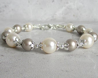 Taupe and Ivory Bridesmaid Bracelet, Taupe Wedding Pearl Jewellery, Beige Bridal Bracelets, Matching Pearl Sets, Platinum and Cream Rose