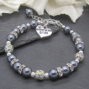 Mother Of The Bride Gift, Mother Of The Groom, Pewter Pearl Bracelet, Dark Grey Jewellery,  Rhinestone Bracelet, Silver Grey Wedding
