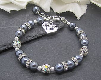 Mother Of The Bride Gift, Mother Of The Groom, Pewter Pearl Bracelet, Dark Grey Jewellery,  Rhinestone Bracelet, Silver Grey Wedding