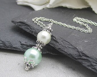 Ivory and Mint Pearl Necklace, Pearl Drop Pendant, Mint Bridesmaid Jewellery, Bridal Party Gifts, Bridesmaid Sets, Wedding Keepsake