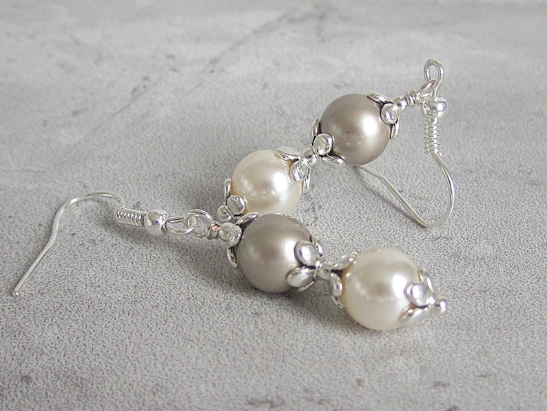 Taupe and Ivory Pearl Bridesmaid Earrings, Beige Wedding Jewellery, Pearl Bridal Earrings, Pearl Drops, Matching Wedding Sets, Cream Rose image 8