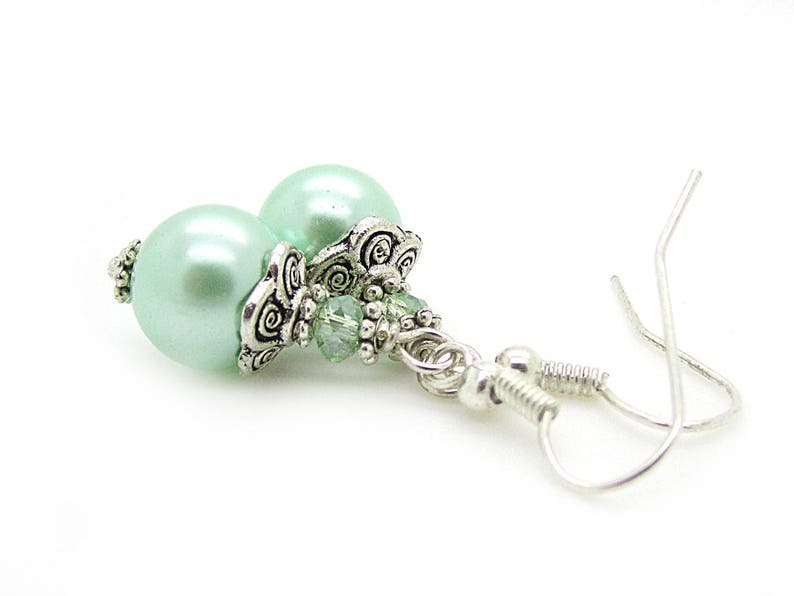 Mint Green Pearl Earrings, Mint Bridesmaid Jewellery, Pastel Wedding, Bridal Party Gifts, Pearl Drop Earrings, Small Pearl Earrings, image 2