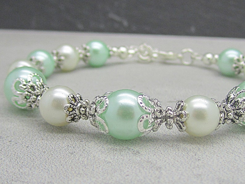 Mint and Ivory Bridesmaid Bracelet, Pearl Wedding Jewellery, Pale Green Bracelet, Mint Wedding, Bridesmaid Gift, Jewellery Sets image 3