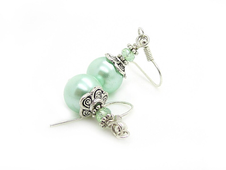 Mint Green Pearl Earrings, Mint Bridesmaid Jewellery, Pastel Wedding, Bridal Party Gifts, Pearl Drop Earrings, Small Pearl Earrings, image 3