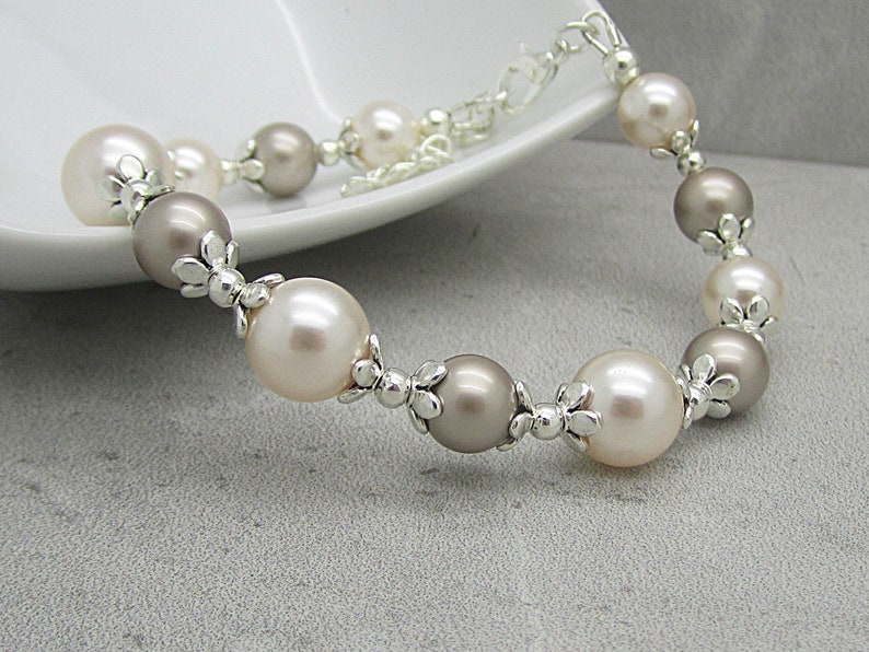 Taupe and Ivory Bridesmaid Bracelet, Taupe Wedding Pearl Jewellery, Beige Bridal Bracelets, Matching Pearl Sets, Platinum and Cream Rose image 5