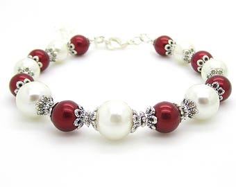 Red Pearl Bracelet, Ivory and Burgundy Wedding Jewellery, Red Bridesmaid Sets, Claret Wedding, Bridal Party Gift Ideas, Bridesmaid Gift