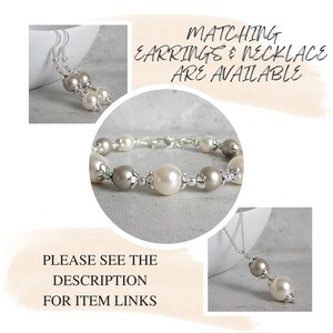 Taupe and Ivory Bridesmaid Bracelet, Taupe Wedding Pearl Jewellery, Beige Bridal Bracelets, Matching Pearl Sets, Platinum and Cream Rose image 4