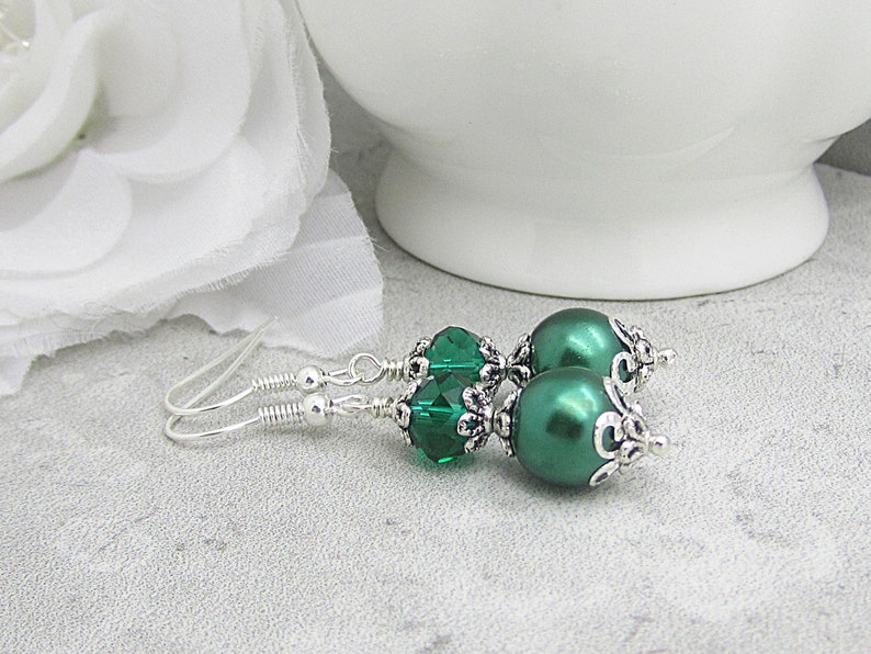 Emerald Green Pearl and Crystal Bridesmaid Earrings, Forest Wedding Jewellery, Dark Green Pearl Drops, Matching Bridal Sets, Crystal Dangles image 6