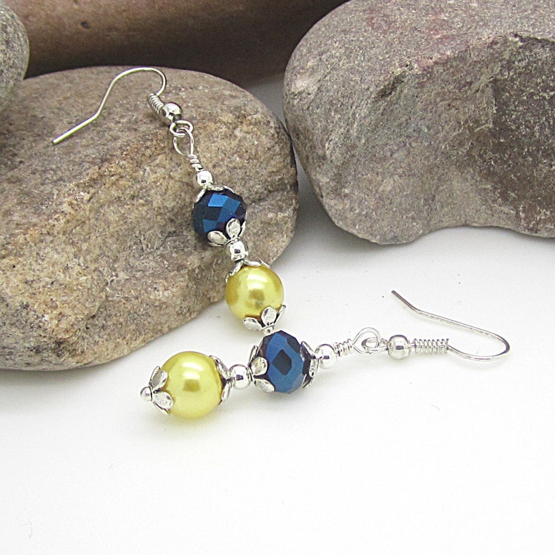 Yellow and Navy Wedding Earrings Navy and Yellow Bridesmaid Jewellery Pearl Drop Earrings Bridesmaid Sets Bridal Party Gifts Canary and Blue image 6