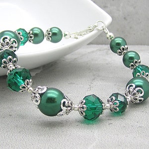 Emerald Green Pearl and Crystal Bridesmaid Bracelet, Forest Bridal Jewellery, Dark Green Wedding Bracelet, Rustic Inspired Bridal Sets image 3