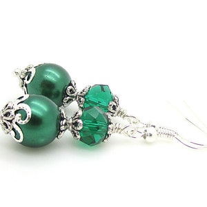 Emerald Green Pearl and Crystal Bridesmaid Earrings, Forest Wedding Jewellery, Dark Green Pearl Drops, Matching Bridal Sets, Crystal Dangles image 8