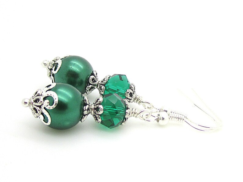 Emerald Green Pearl and Crystal Bridesmaid Earrings, Forest Wedding Jewellery, Dark Green Pearl Drops, Matching Bridal Sets, Crystal Dangles image 8