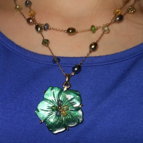 Vintage Estate Gold Tone Double Strand Shades of Green Beaded Necklace with Green Etched "Shell" Floral Pendant