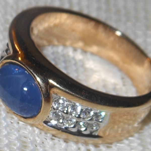 Vintage Estate 18K Gold Plate Clear Rhinestone Blue Cabochon Ring - Size 8