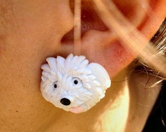White Fluffy Dog Post Earring