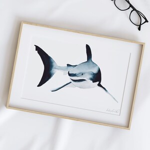 Great White Shark Watercolour Wall Art Print, Shark Decor, Shark Gifts, Shark Wall Art, Nautical Bathroom Decor, Nautical Wall Art, Sea Art