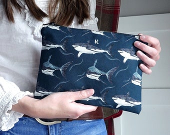 Shark patterned pouch - handmade makeup pouch featuring my original pattern of a great white shark with a waterproof lining