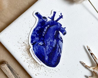 Human Heart Sticker, Organ Decal, Blue Stationery, Hand Painted Illustration, Waterproof Vinyl, Die Cut, PVC FREE