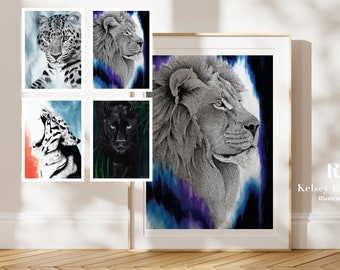 Big Cats Wall Art Print, Jungle Nursery, Animal Art, Black Panther, Amur Leopard, Lion, Tiger Giclee Wall Art, 8 x 10, 16 x 12, 20 x 16