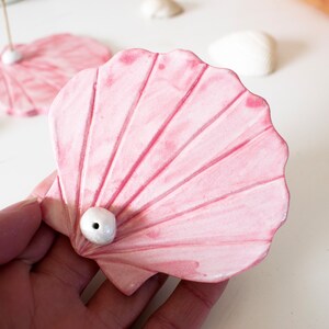 Scallop shell incense stick holder, made from air dry clay, ocean beach themed, painted with pink watercolour, varnished image 2